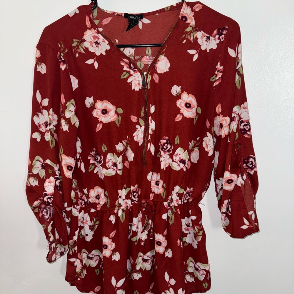 Rue21 Maroon Floral Peplum Blouse